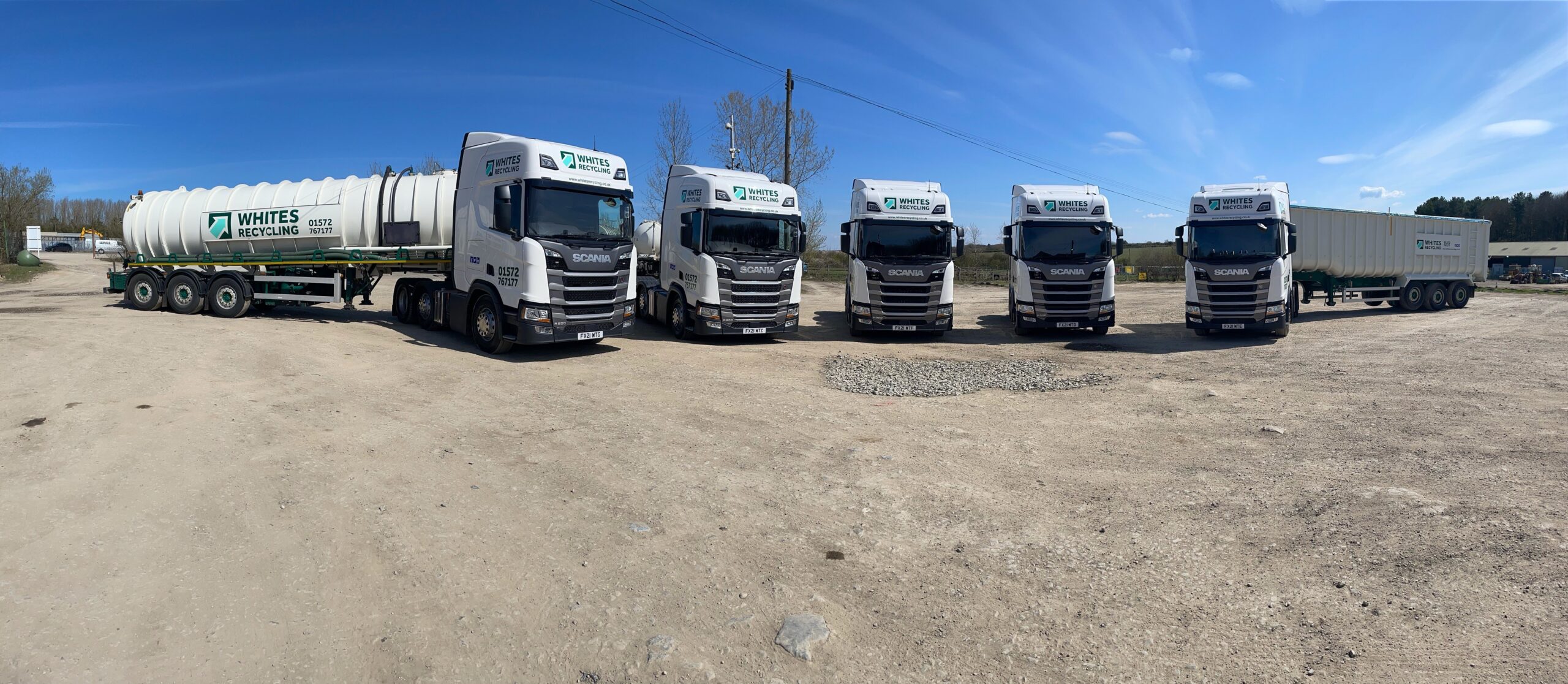Five Scania Trucks lined up at Whites Recycling in Grantham