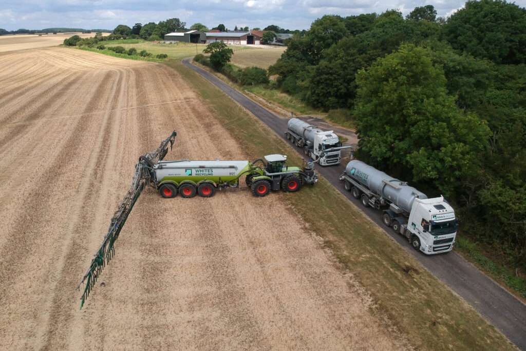 Whites Recycling Samson Tanker spreading digestate onto grassland